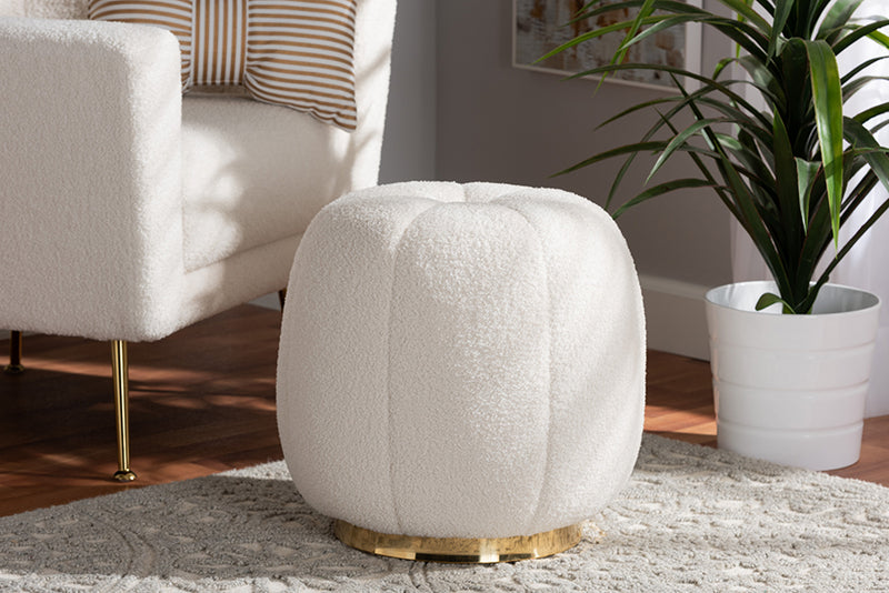 Rune Modern and Contemporary Ivory Boucle Upholstered and Gold Metal Ottoman