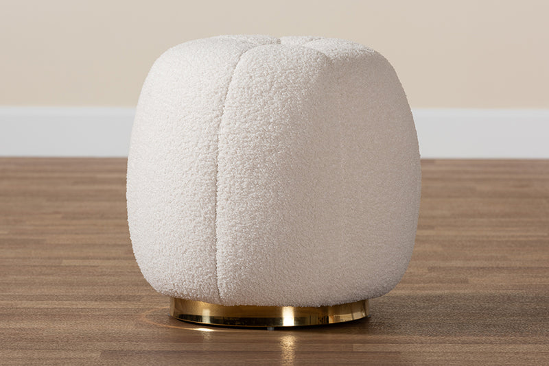 Rune Modern and Contemporary Ivory Boucle Upholstered and Gold Metal Ottoman