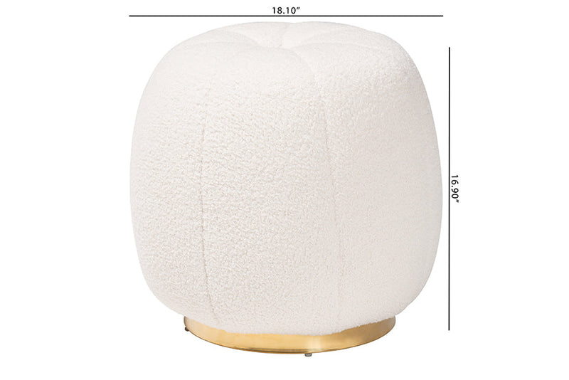 Rune Ivory Boucle Upholstered and Gold Metal Ottoman Baxton