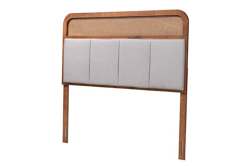 Gaenor Mid-Century Modern Light Gray Fabric and Ash Walnut Finished Wood Queen Size Headboard w/Rattan