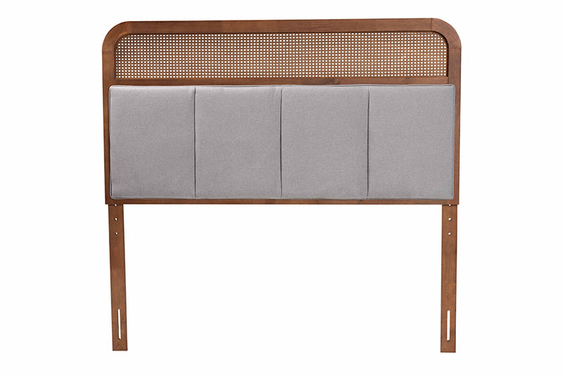 Gaenor Mid-Century Modern Light Gray Fabric and Ash Walnut Finished Wood Queen Size Headboard w/Rattan