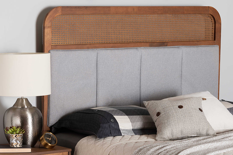 Gaenor Mid-Century Modern Light Gray Fabric and Ash Walnut Finished Wood Queen Size Headboard w/Rattan