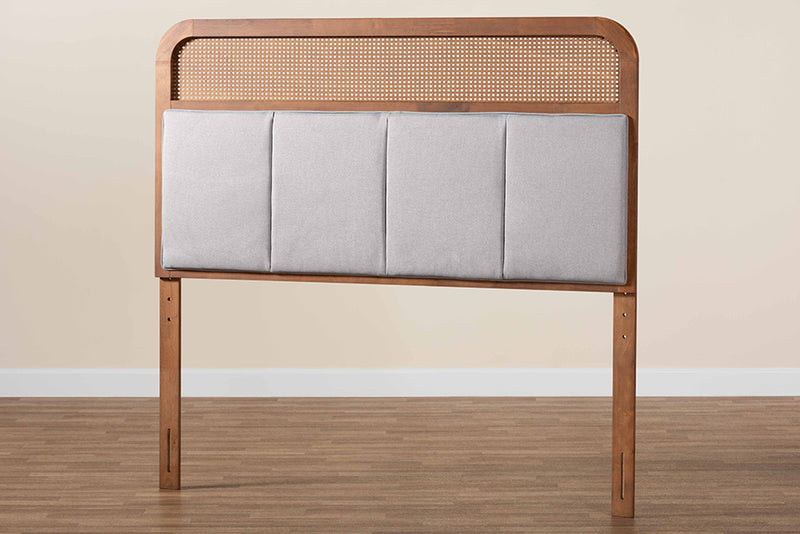 Gaenor Mid-Century Modern Light Gray Fabric and Ash Walnut Finished Wood Queen Size Headboard w/Rattan