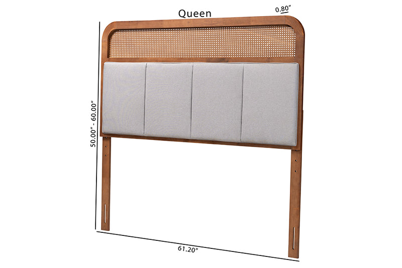 Gaenor Mid-Century Modern Light Gray Fabric and Ash Walnut Finished Wood Queen Size Headboard w/Rattan