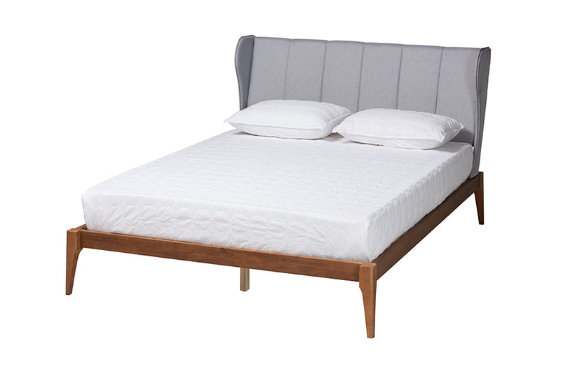 Kassidy Light Gray Fabric and Ash Walnut Queen Size Bed Baxton