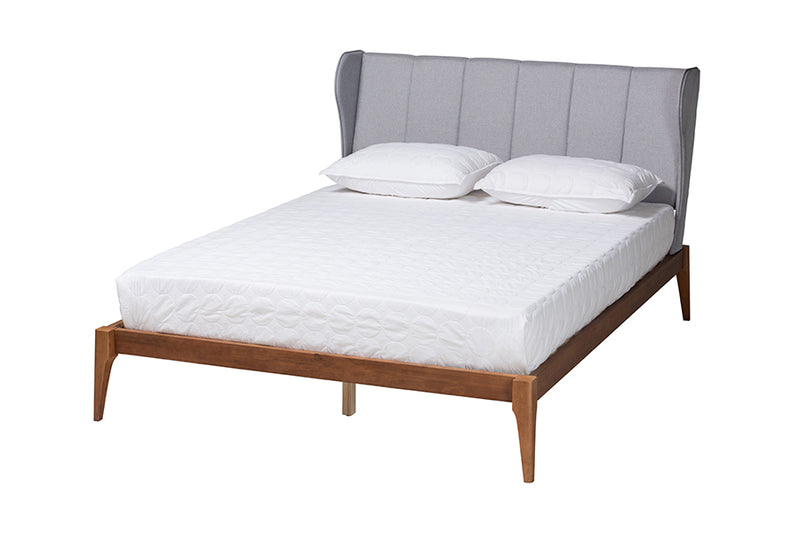 Kassidy Mid-Century Light Gray Fabric and Ash Walnut Finished Wood Queen Size Bed