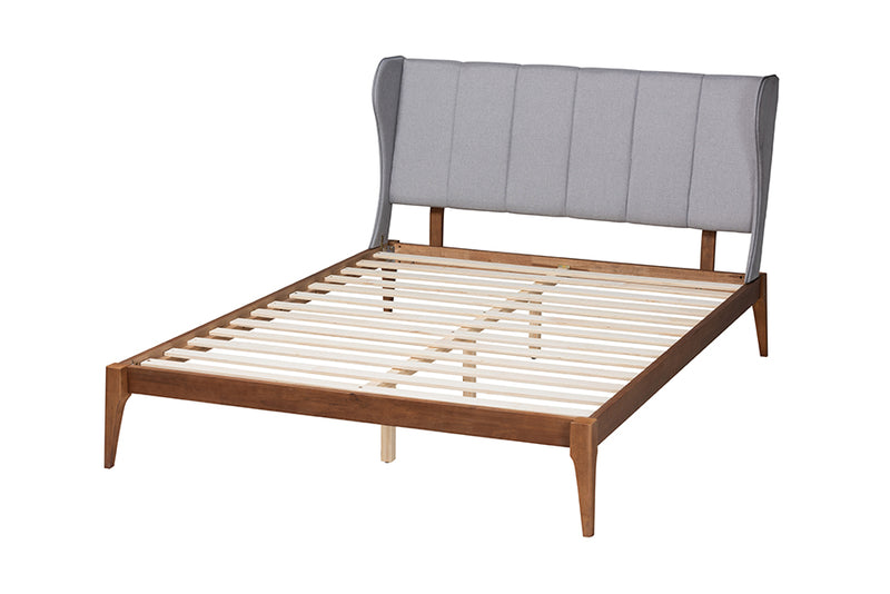 Kassidy Mid-Century Light Gray Fabric and Ash Walnut Finished Wood Queen Size Bed