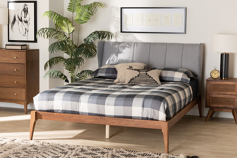 Kassidy Mid-Century Light Gray Fabric and Ash Walnut Finished Wood Queen Size Bed