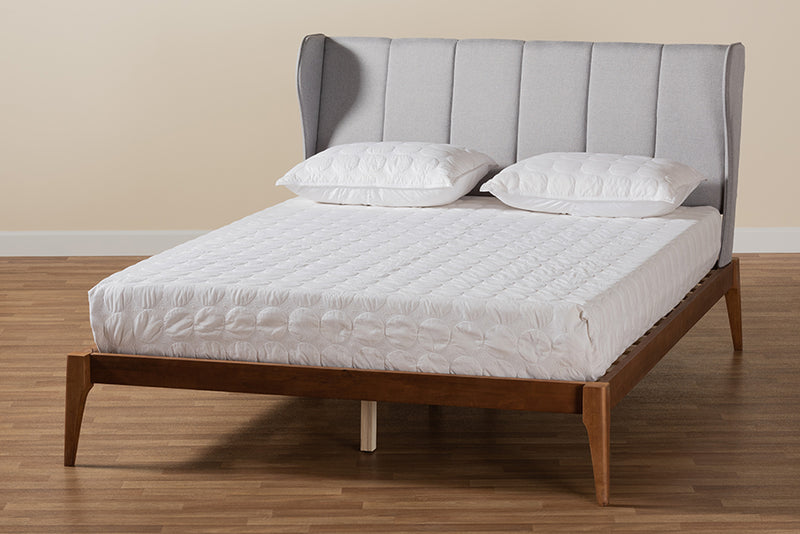 Kassidy Mid-Century Light Gray Fabric and Ash Walnut Finished Wood Queen Size Bed