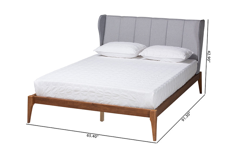 Kassidy Mid-Century Light Gray Fabric and Ash Walnut Finished Wood Queen Size Bed