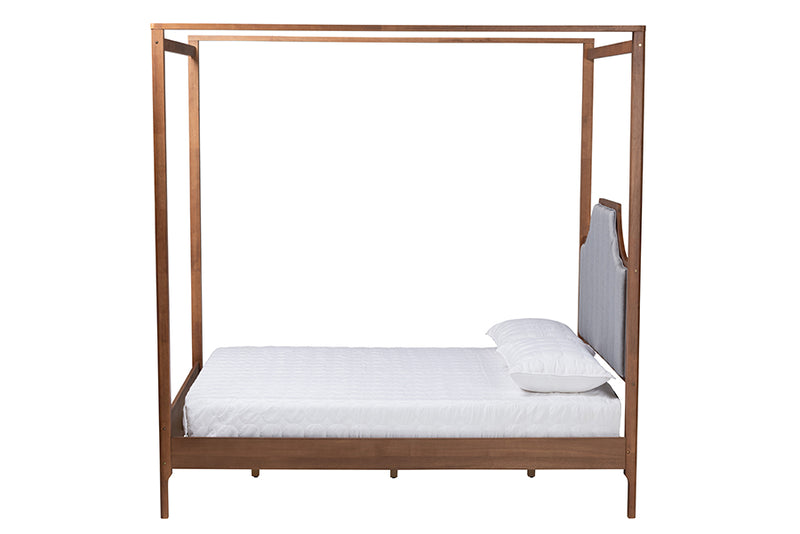 Elgon Classic and Traditional Light Gray Fabric and Ash Walnut Finished Wood Queen Size Platform Canopy Bed