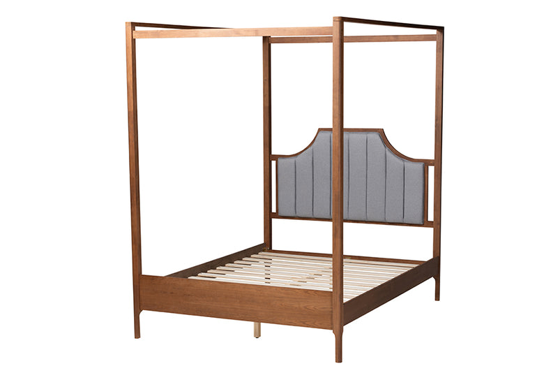 Elgon Classic and Traditional Light Gray Fabric and Ash Walnut Finished Wood Queen Size Platform Canopy Bed