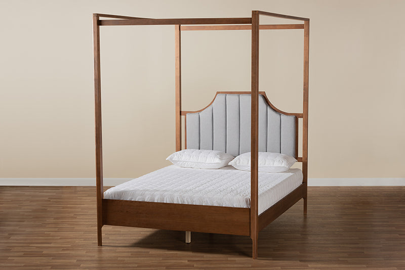 Elgon Classic and Traditional Light Gray Fabric and Ash Walnut Finished Wood Queen Size Platform Canopy Bed