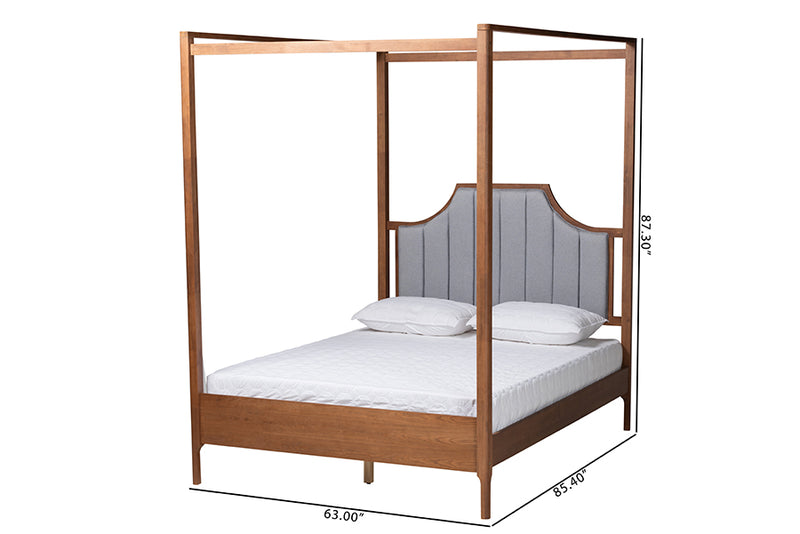 Elgon Classic and Traditional Light Gray Fabric and Ash Walnut Finished Wood Queen Size Platform Canopy Bed