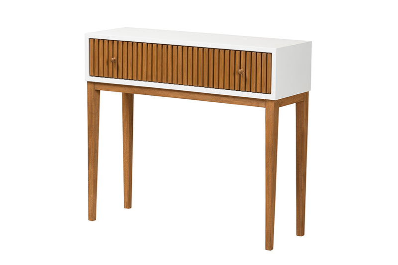 Luxio Mid-Century Modern Two-Tone Natural Brown and White Bayur Wood 1-Drawer Console Table