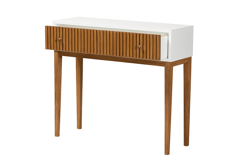 Luxio Mid-Century Modern Two-Tone Natural Brown and White Bayur Wood 1-Drawer Console Table