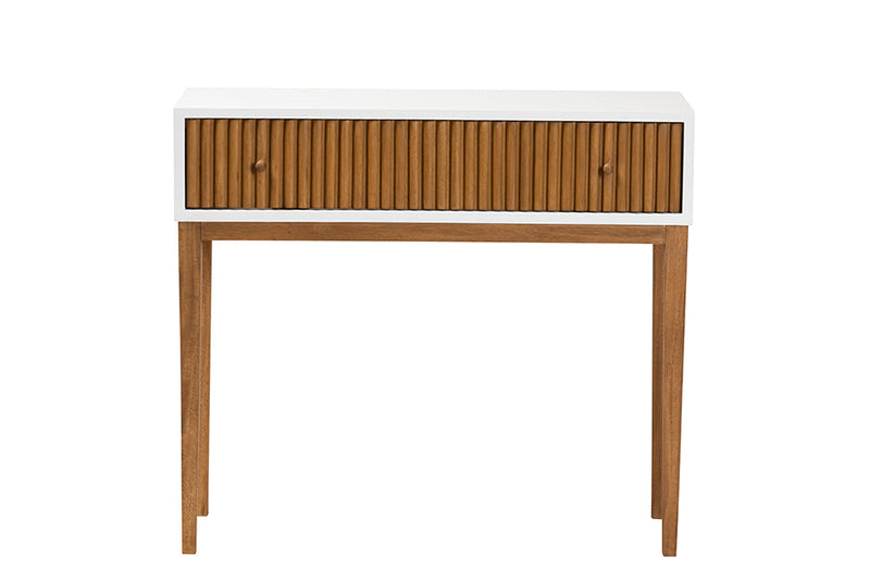 Luxio Two-Tone Natural Brown and White Bayur Wood 1-Drawer Console Table Baxton