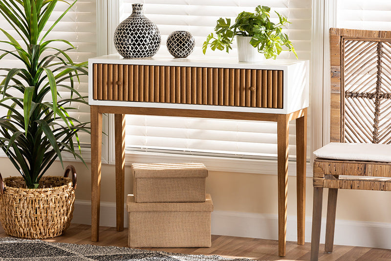 Luxio Two-Tone Natural Brown and White Bayur Wood 1-Drawer Console Table Baxton