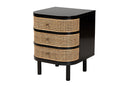 Rindal Black Bayur Wood and Natural Rattan 3-Drawer End Table Nightstand Baxton