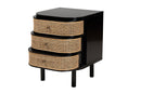 Rindal Black Bayur Wood and Natural Rattan 3-Drawer End Table Nightstand Baxton