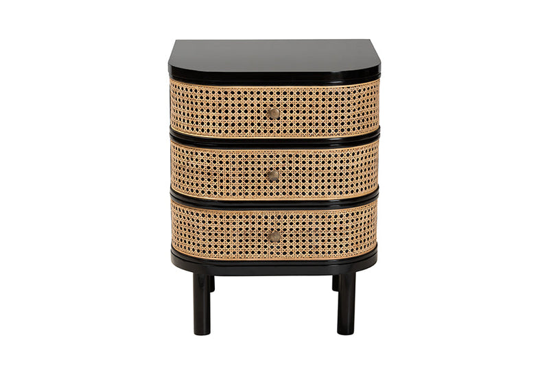 Rindal Black Bayur Wood and Natural Rattan 3-Drawer End Table Nightstand Baxton