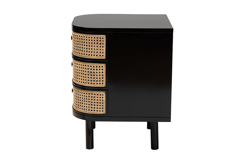 Rindal Black Bayur Wood and Natural Rattan 3-Drawer End Table Nightstand Baxton