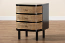 Rindal Black Bayur Wood and Natural Rattan 3-Drawer End Table Nightstand Baxton
