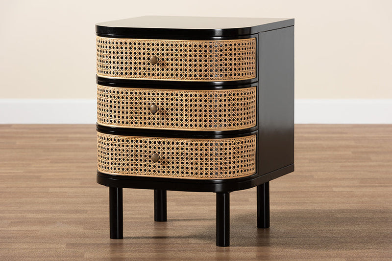 Rindal Black Bayur Wood and Natural Rattan 3-Drawer End Table Nightstand Baxton