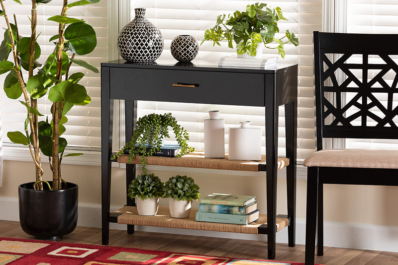 Julie Modern Bohemian Black Finished Bayur Wood 1-Drawer Console Table