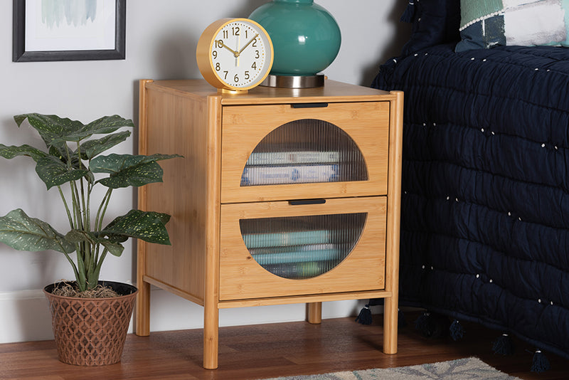 Dameka Mid-Century Natural Brown Bamboo Wood 2-Drawer End Table