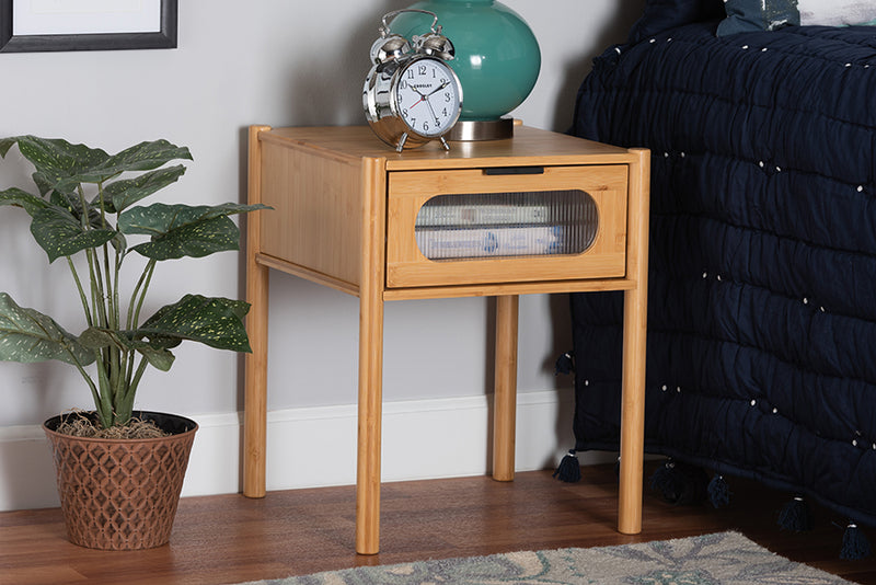 Dameka Mid-Century Natural Brown Bamboo Wood 1-Drawer End Table