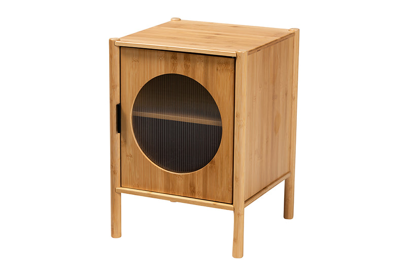 Dameka Mid-Century Natural Brown Bamboo Wood 1-Door End Table