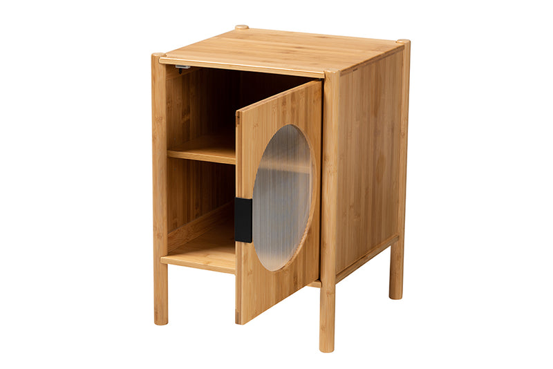 Dameka Mid-Century Natural Brown Bamboo Wood 1-Door End Table