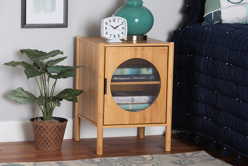 Dameka Mid-Century Natural Brown Bamboo Wood 1-Door End Table