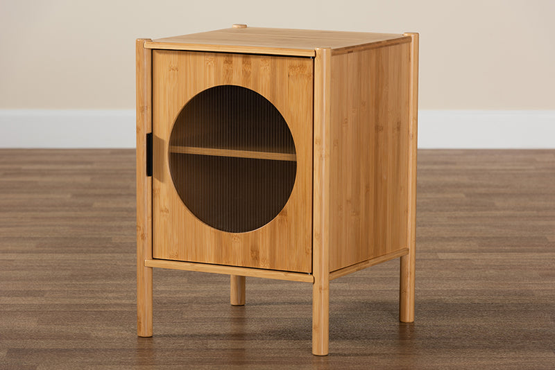 Dameka Mid-Century Natural Brown Bamboo Wood 1-Door End Table