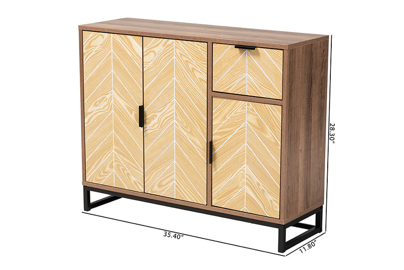 Kalinda Mid-Century Two-Tone Walnut and Natural Brown Finished Wood and Black Metal 3-Door Sideboard