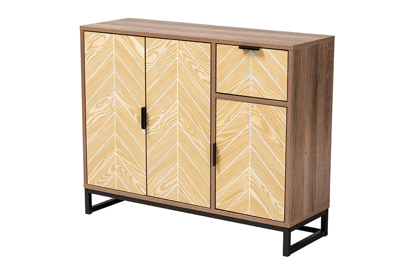 Kalinda Mid-Century Two-Tone Walnut and Natural Brown Finished Wood and Black Metal 3-Door Sideboard