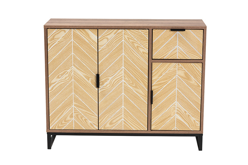 Kalinda Mid-Century Two-Tone Walnut and Natural Brown Finished Wood and Black Metal 3-Door Sideboard