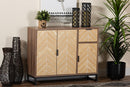 Kalinda Two-Tone Walnut and Natural Brown and Black Metal 3-Door Sideboard Baxton