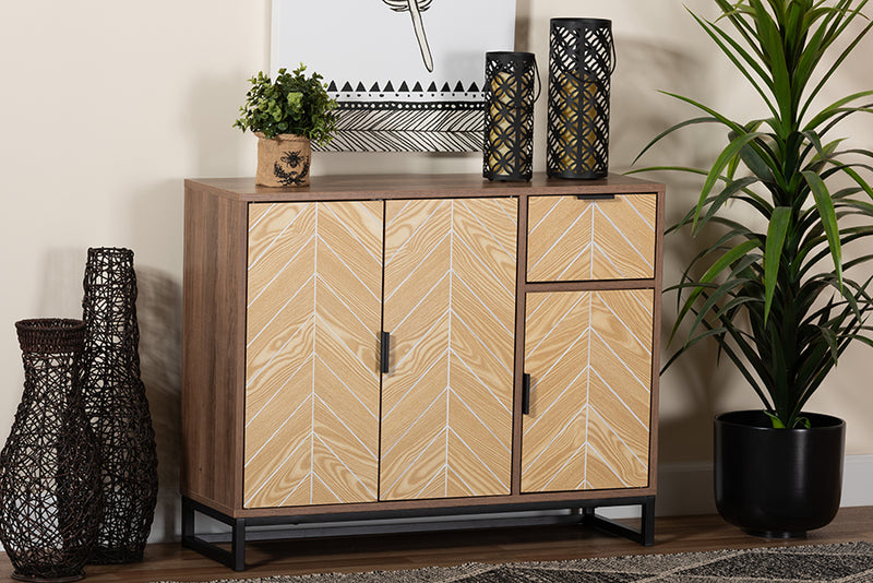 Kalinda Mid-Century Two-Tone Walnut and Natural Brown Finished Wood and Black Metal 3-Door Sideboard