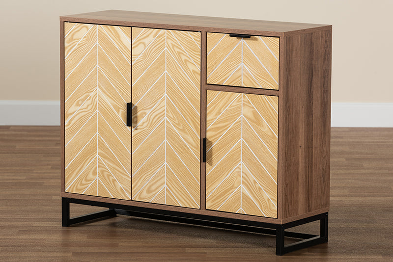 Kalinda Mid-Century Two-Tone Walnut and Natural Brown Finished Wood and Black Metal 3-Door Sideboard