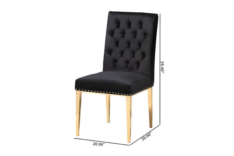 Dayana Contemporary Glam and Luxe Black Velvet Fabric and Gold Metal 2-Piece Dining Chair Set