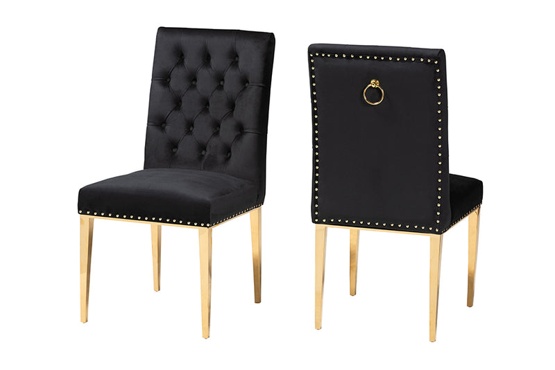 Dayana Contemporary Glam and Luxe Black Velvet Fabric and Gold Metal 2-Piece Dining Chair Set