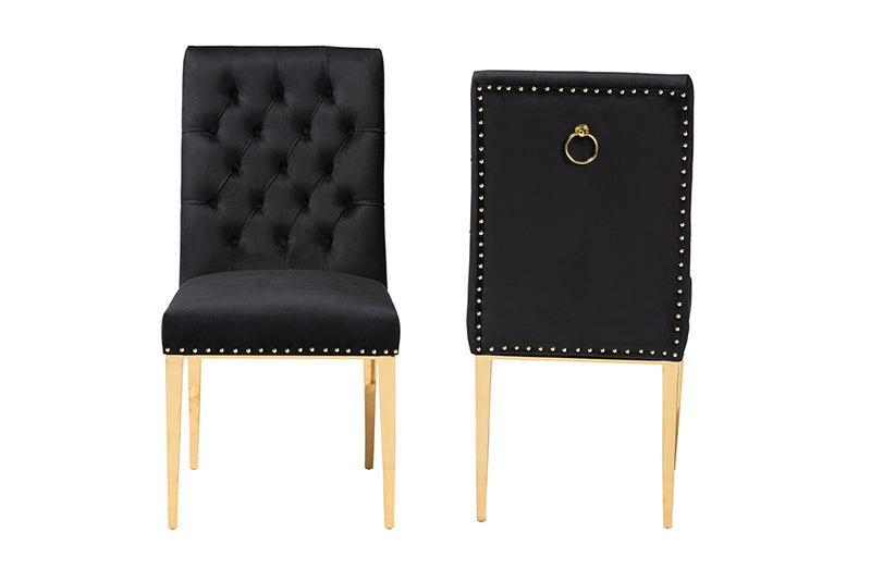 Dayana Contemporary Glam and Luxe Black Velvet Fabric and Gold Metal 2-Piece Dining Chair Set