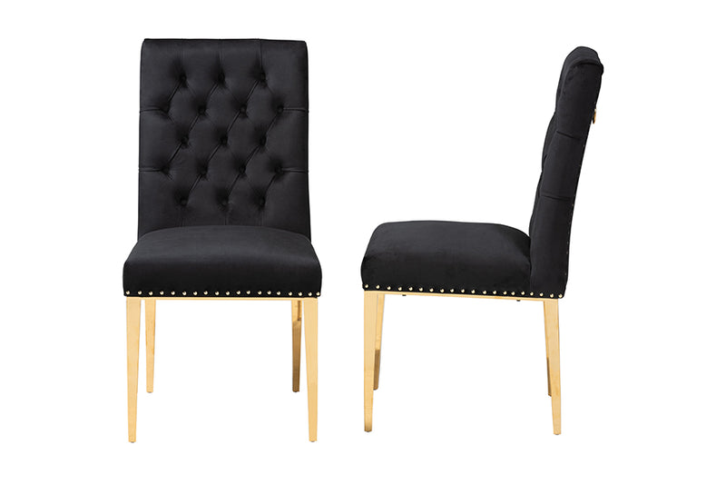 Dayana Contemporary Glam and Luxe Black Velvet Fabric and Gold Metal 2-Piece Dining Chair Set