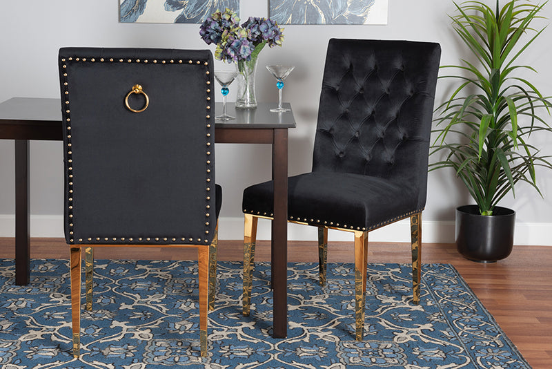 Dayana Contemporary Glam and Luxe Black Velvet Fabric and Gold Metal 2-Piece Dining Chair Set