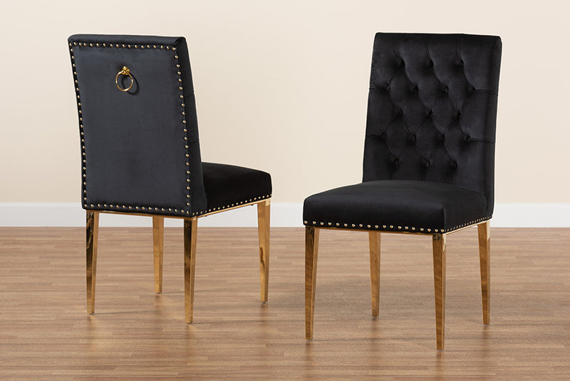 Dayana Contemporary Glam and Luxe Black Velvet Fabric and Gold Metal 2-Piece Dining Chair Set