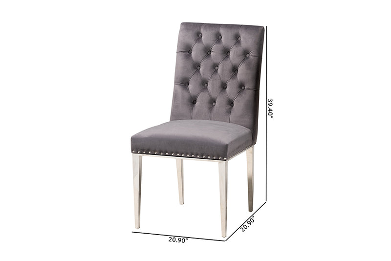 Dayana Contemporary Glam and Luxe Gray Velvet Fabric and Silver Metal 2-Piece Dining Chair Set