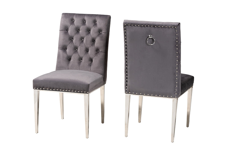 Dayana Contemporary Glam and Luxe Gray Velvet Fabric and Silver Metal 2-Piece Dining Chair Set