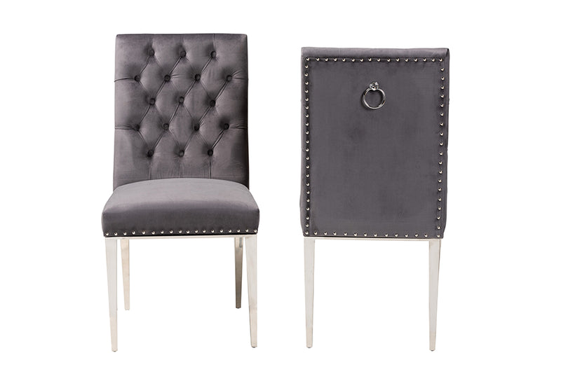 Dayana Contemporary Glam and Luxe Gray Velvet Fabric and Silver Metal 2-Piece Dining Chair Set